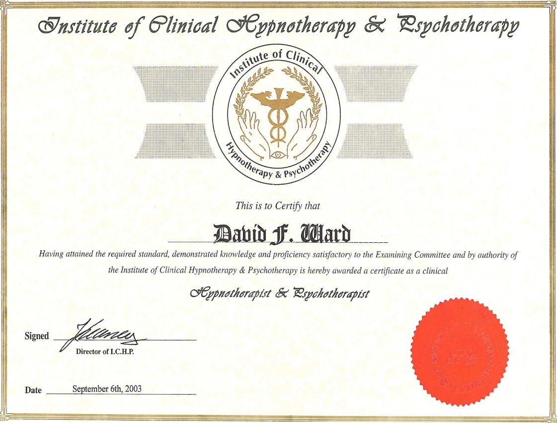 Certificate of David Ward from the Institute of Clinical Hypnotherapy & Psychotherapy
