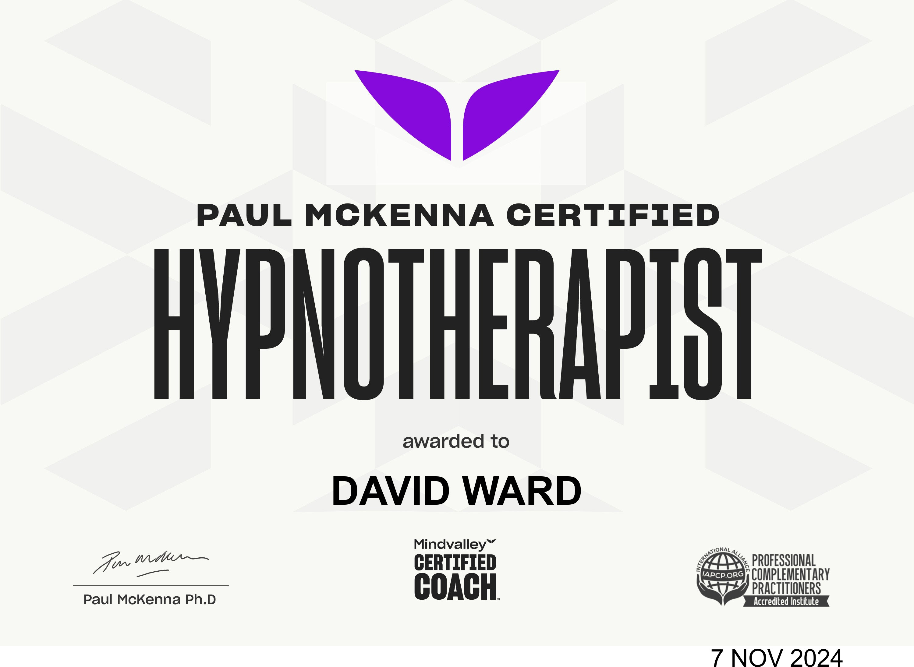 Certificate of David Ward from the Institute of Clinical Hypnotherapy & Psychotherapy
